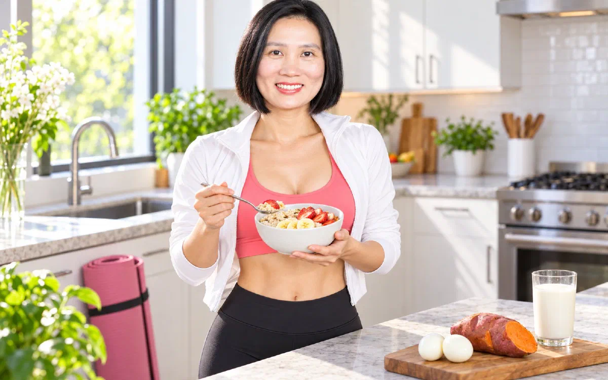 Nguyễn Hương với bữa sáng giảm cân gồm trứng luộc, yến mạch và trái cây