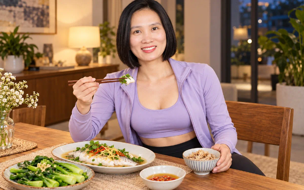 Nguyễn Hương bên mâm cơm tối giảm cân gồm cá hấp, rau luộc và cơm gạo lứt