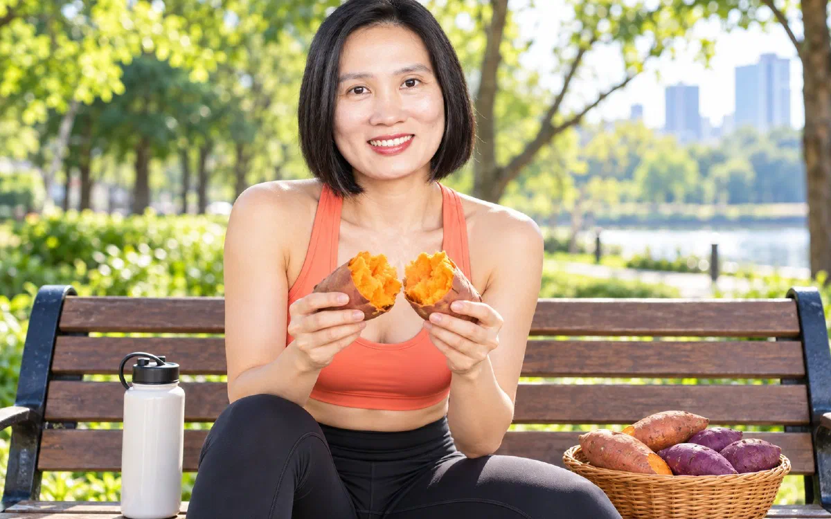 Nguyễn Hương với đĩa khoai lang luộc trong bữa sáng giảm cân