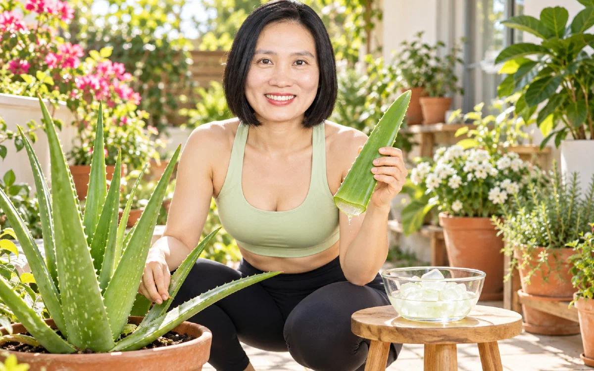 Nguyễn Hương sơ chế lá nha đam, gọt vỏ lấy phần thịt trong