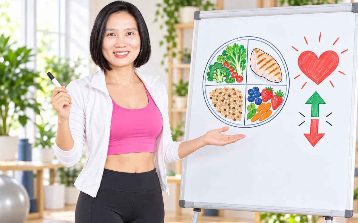 Nguyễn Hương – Cô Giáo Dạy Ăn đứng giảng bên bảng trắng trong khoá học Dinh dưỡng nền tảng