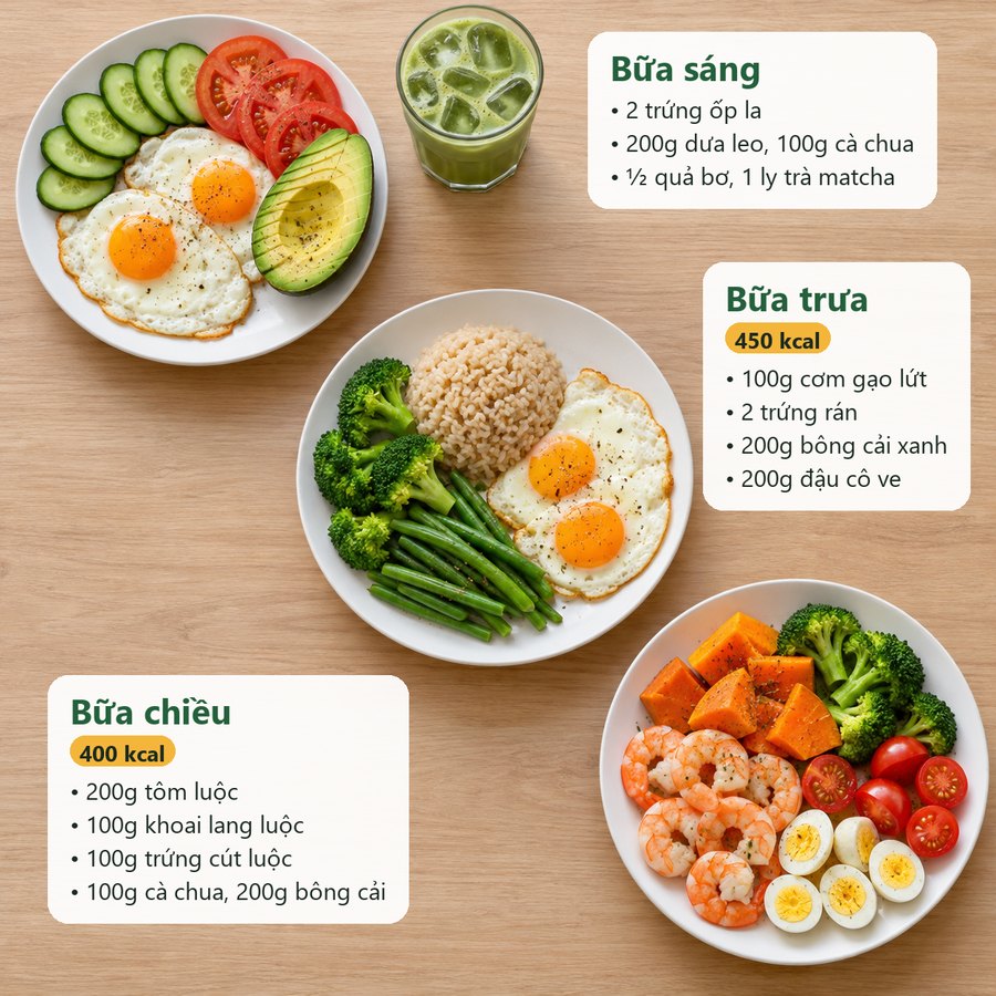 Thực đơn mẫu một ngày: bữa sáng, trưa, chiều
